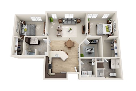 Floor plan for 2 beds, 2 baths, 1342 sqft